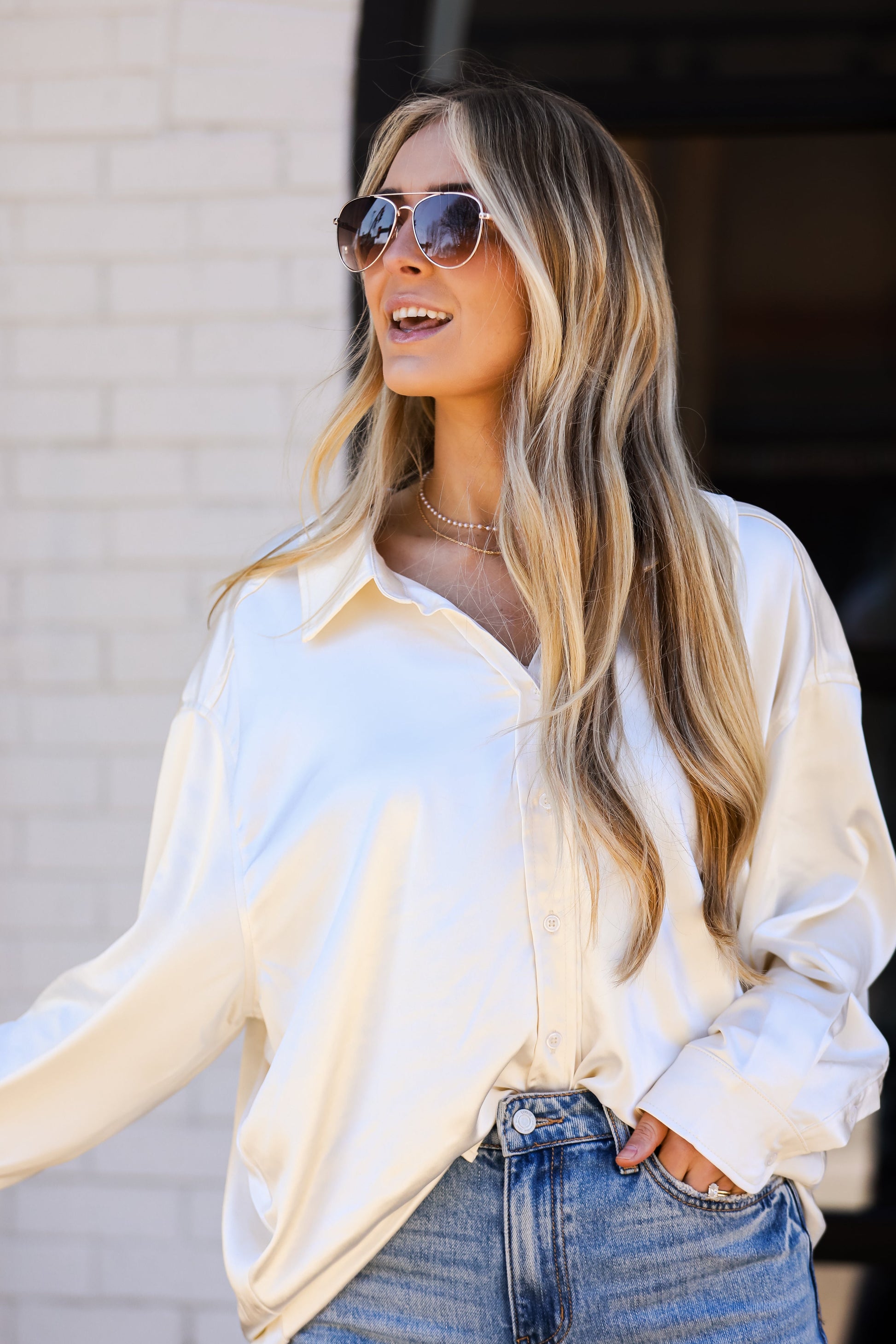 Ivory Satin Oversized Button-Up Blouse