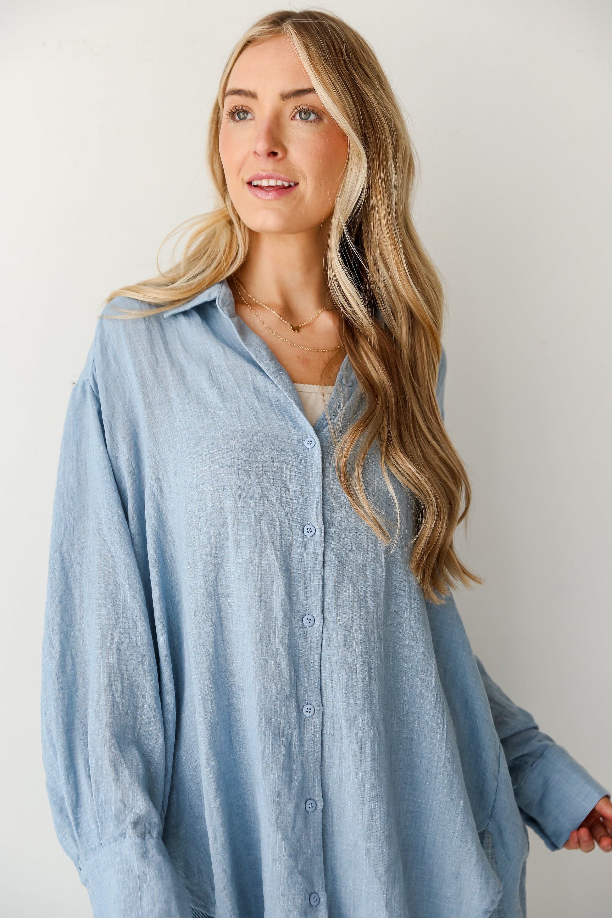 light blue Oversized Button-Up Blouse