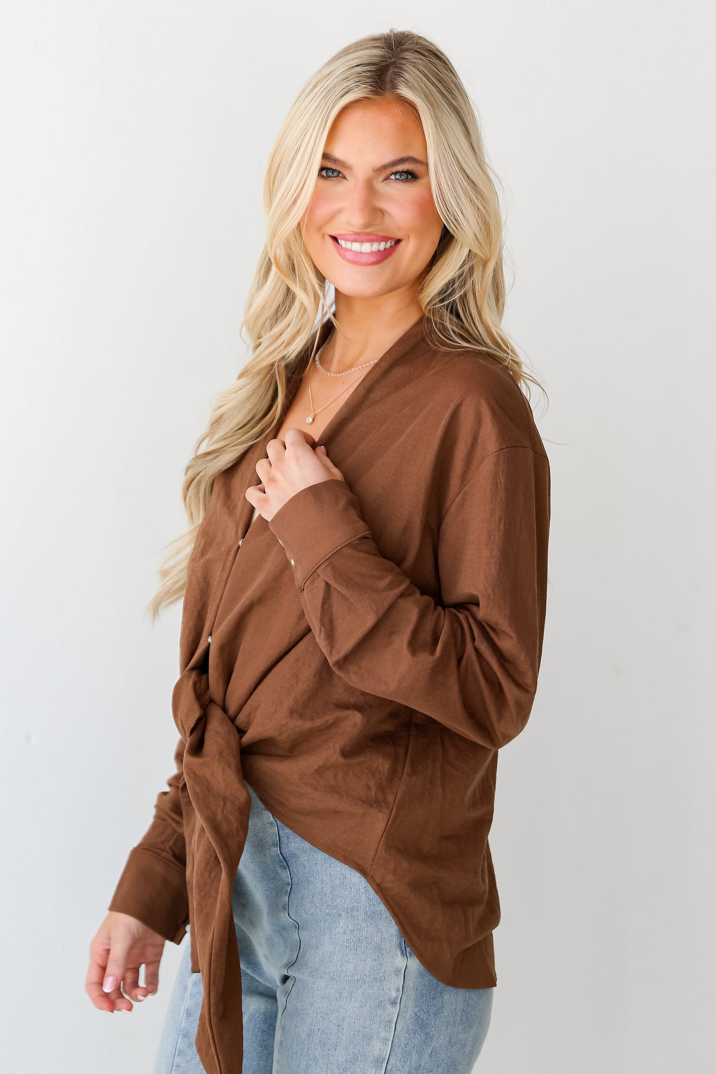 Picturesque Perfection Mocha Tie-Front Blouse